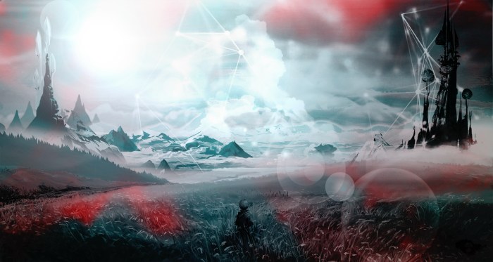 Lone Figure in a Crimson Landscape — Surreal wallpaper