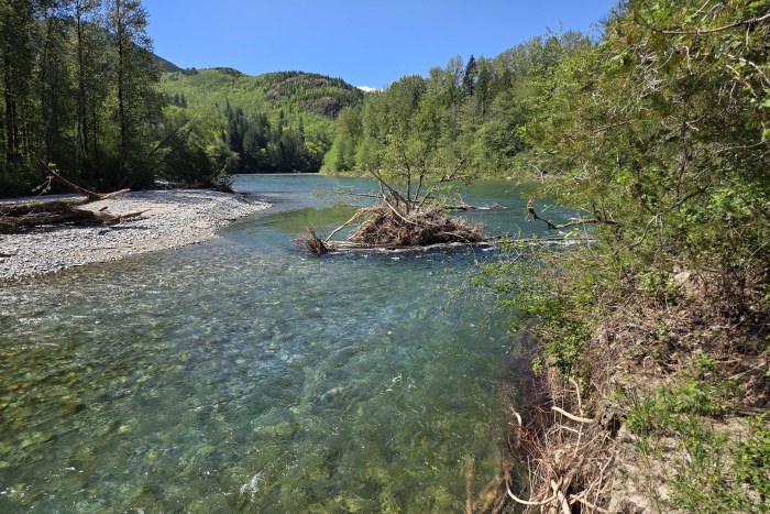 Quiet River Bend with a Gravel Bank — Nature wallpaper