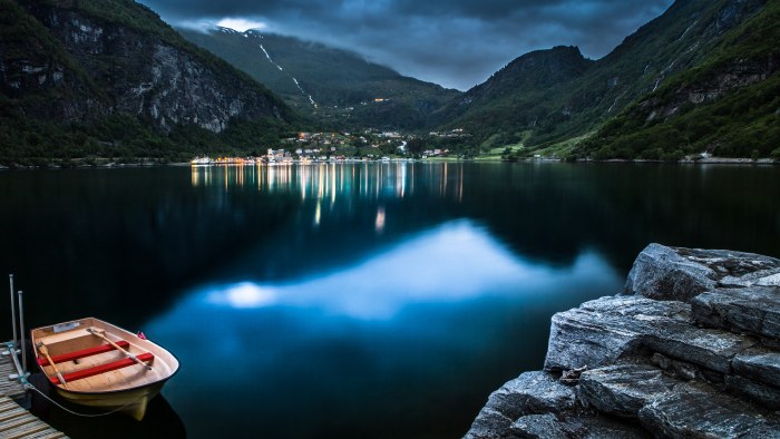 Mountain Fjord with Red Boat 4K Wallpaper — Nature wallpaper