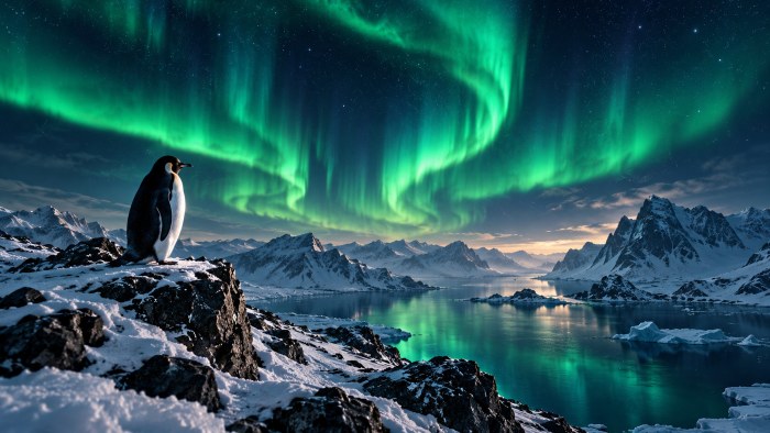 Linux Penguin Under Emerald Aurora 4K Wallpaper — Linux wallpaper