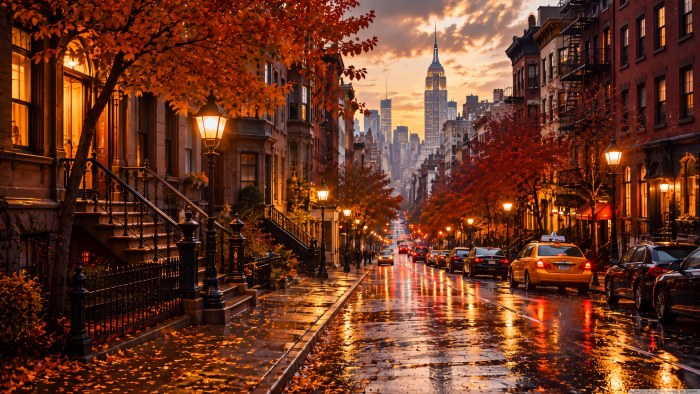 Autumn Rain on Brownstone Street 4K U — City wallpaper