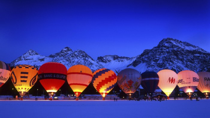 Hot Air Balloons Below Snowy Mountains Wallpaper — Nature wallpaper