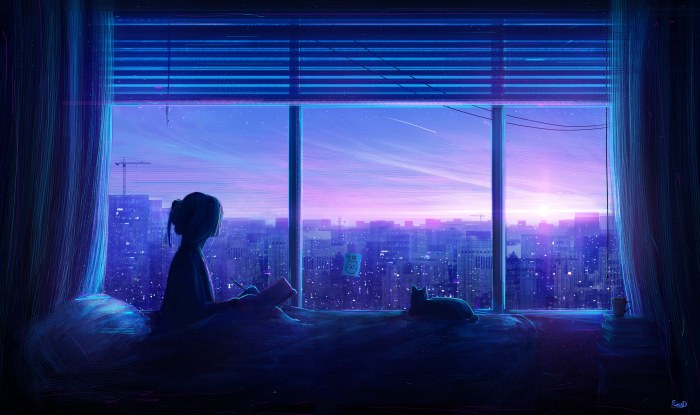 Illustrated Scene in Cool Indigo Light — Anime wallpaper