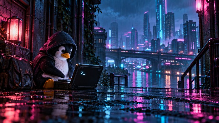 Linux Penguin in Neon Rain 4K Wallpaper — Linux wallpaper