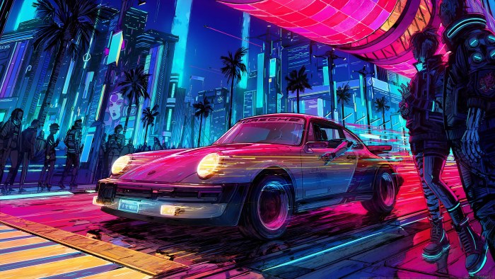 Sports Car on a Neon City Street Wallpaper — Cars wallpaper