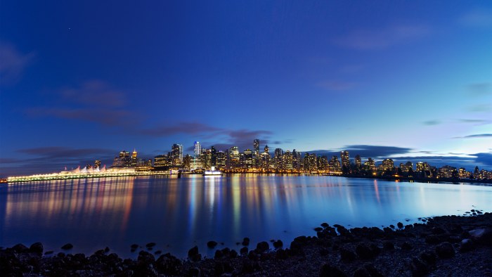 Waterfront City at Blue Hour, a landscape city wallpaper