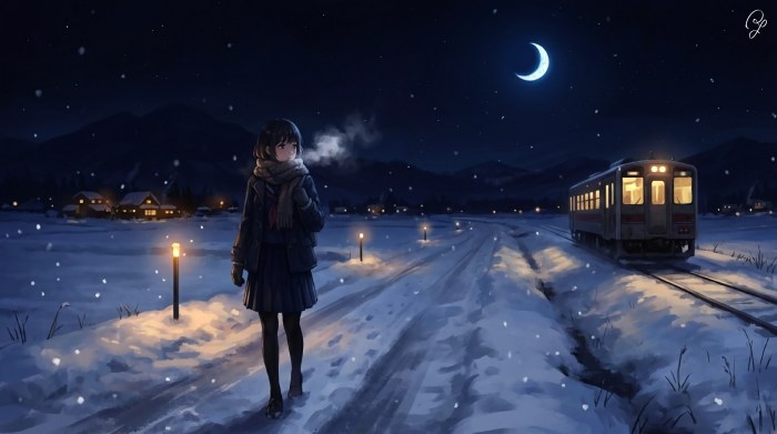 Snowy Night at a Rural Train Stop — Anime wallpaper