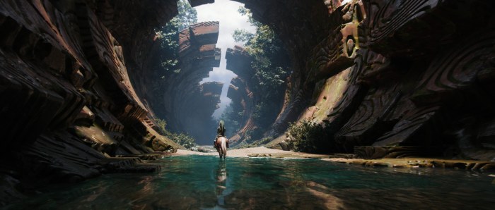 Explorer in a Vast Underground Canyon Wallpaper — Fantasy wallpaper