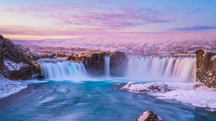 Waterfall in a Snowy Valley at Dusk — Waterfalls wallpaper