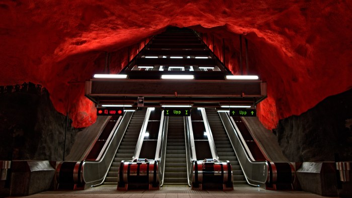 Red Underground Escalator Station 4K Wallpaper — City wallpaper
