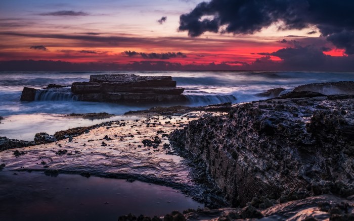 Rocky Coast at Red Sunrise Wallpaper — Nature wallpaper