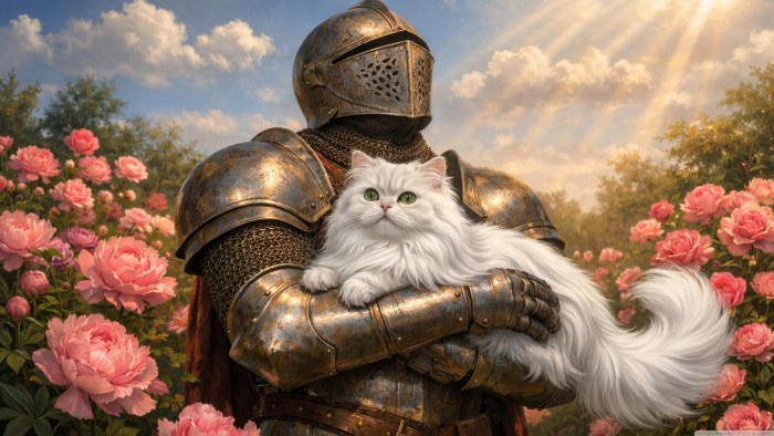 Medieval Knight Holding Cat Ultrahd — Animals wallpaper
