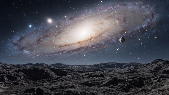 Galaxy Above a Rocky Moon 4K Wallpaper — Space wallpaper