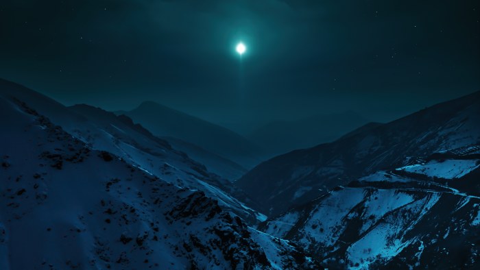 Moon Above Snowy Mountain Valley Wallpaper — Nature wallpaper