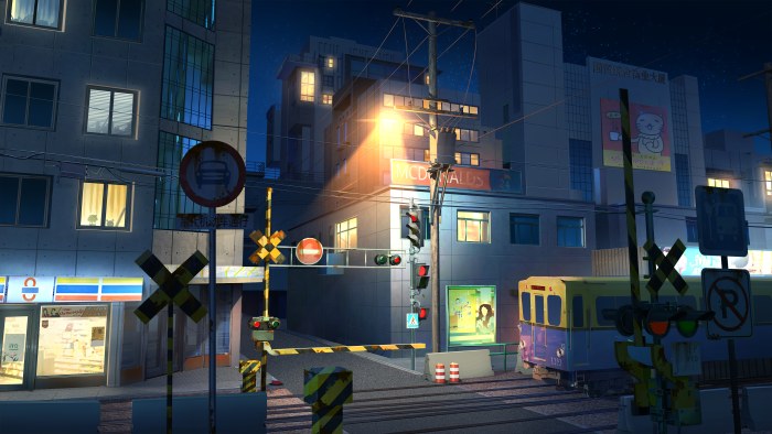 Quiet Urban Railway Crossing at Night — Anime wallpaper