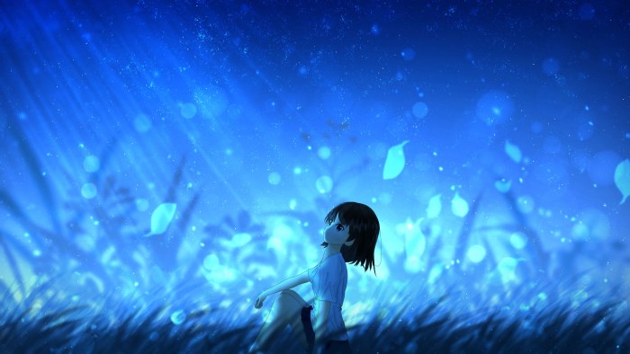 Leaves in Cool Cyan Light — Anime wallpaper