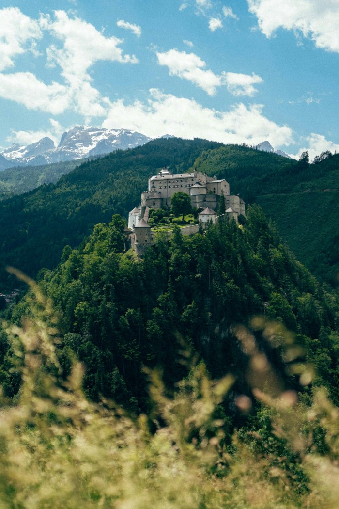 Medieval castle atop a forested hill with distant snowy mountains — Architecture wallpaper